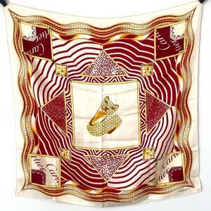 Cartier La Panthère Silk Red and Cream Patterned Scarf 34” x 34” Luxury Designer